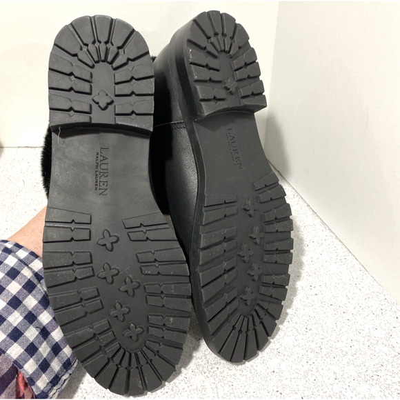 Lauren Ralph Lauren Evanston boots black leather and faux fur pull on style 8.5M - Picture 9 of 10